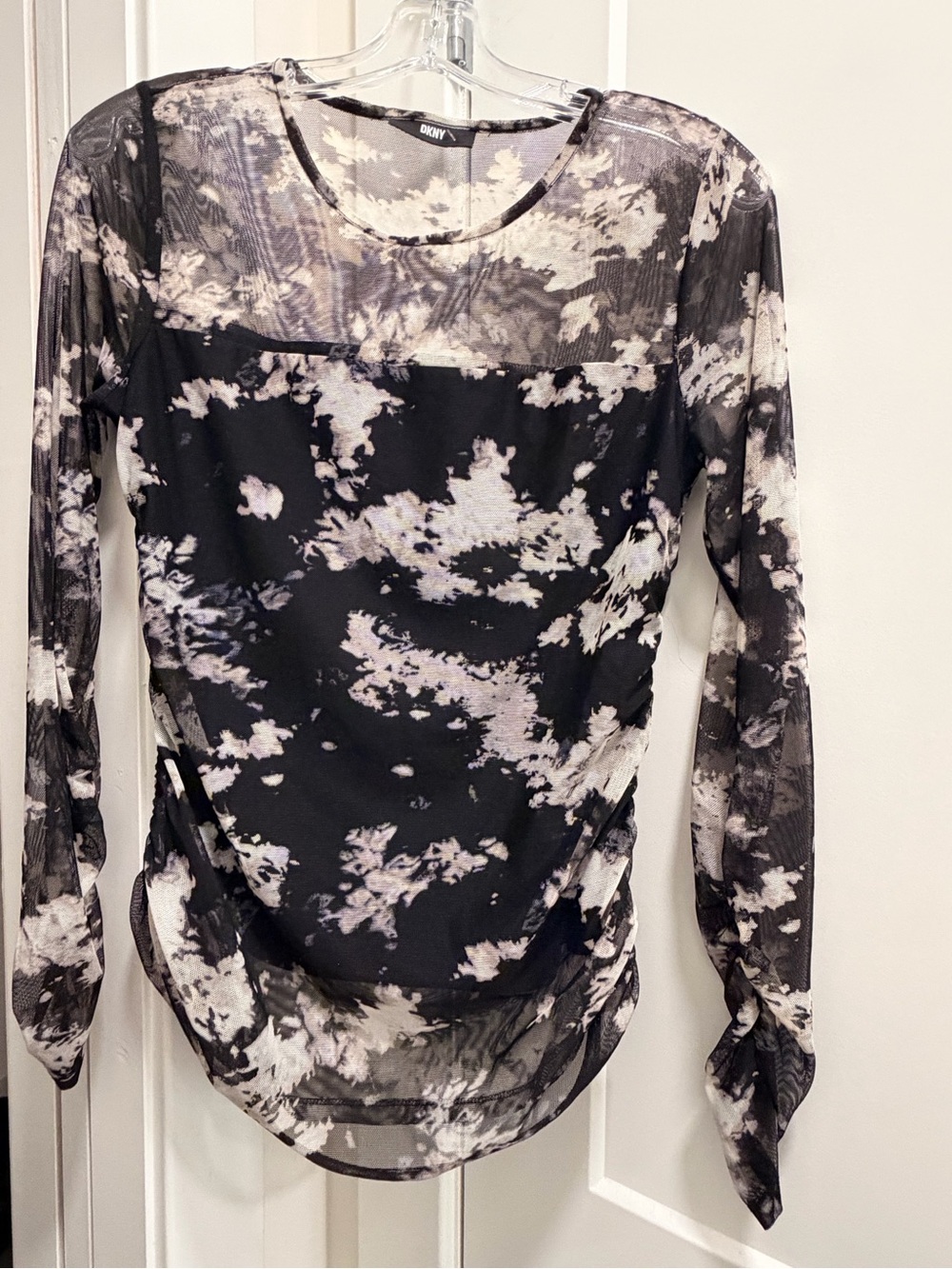 DKNY Black and White Sheer Long Sleeve Tie-Cuff Top